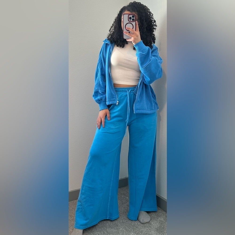 NEW Zenana Ocean Blue Wide Leg Sweatpants Hoodie Lounge Set Cozy Fleece Large - Picture 2 of 3